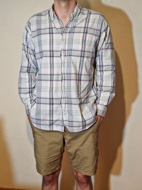 Men's Casual Plaid Button-Down Shirt in White with Blue and Green